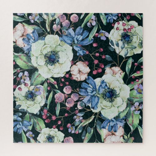 Anemone Wildflowers Vintage Watercolor Pattern Jigsaw Puzzle