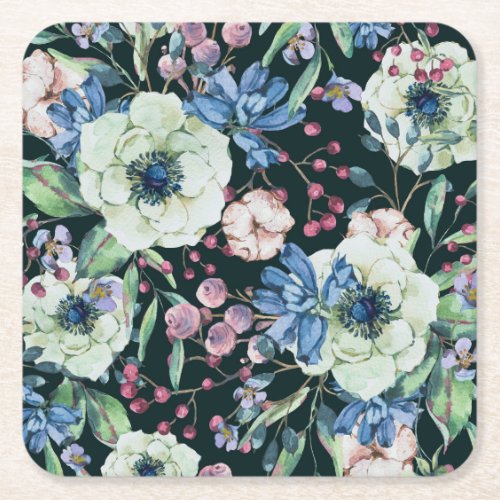 Anemone Wildflowers Vintage Watercolor Pattern Square Paper Coaster
