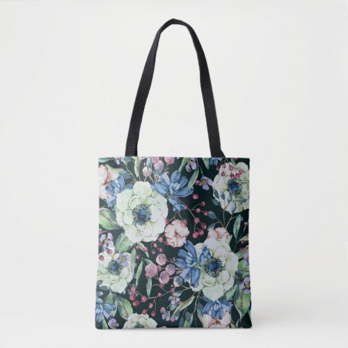 Anemone Wildflowers Vintage Watercolor Pattern Tote Bag