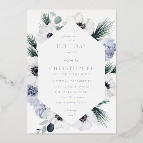 Anemone Winter White Floral Holiday Party  Foil Invitation