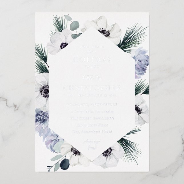 Anemone Winter White Floral Holiday Party  Foil Invitation (Front)