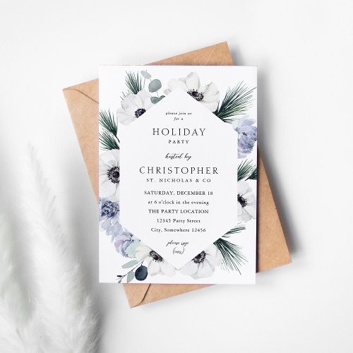 Anemone Winter White Floral Holiday Party Invitation