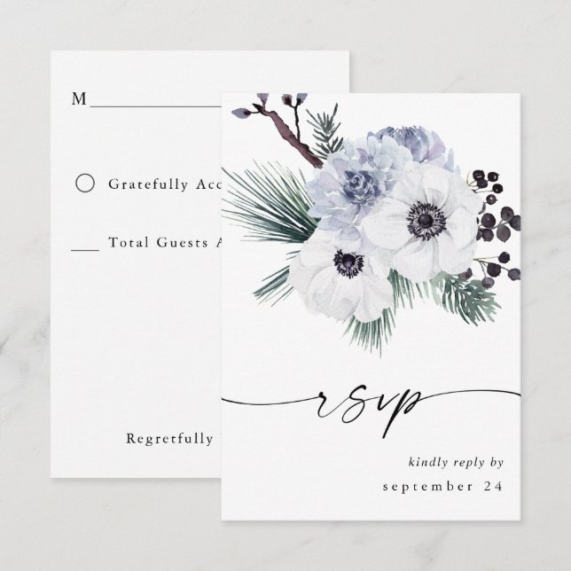 Anemone Winter White Floral no Meal RSVP Card (Front/Back)