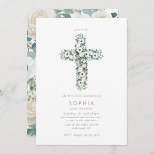 Anemones and Eucalyptus cross First Holy Communion Invitation