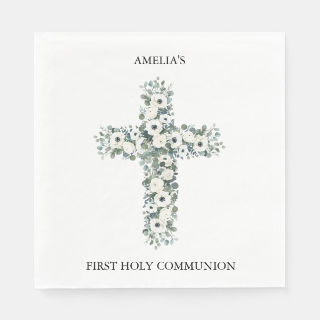 Anemones and Eucalyptus cross First Holy Communion Napkins (Front)