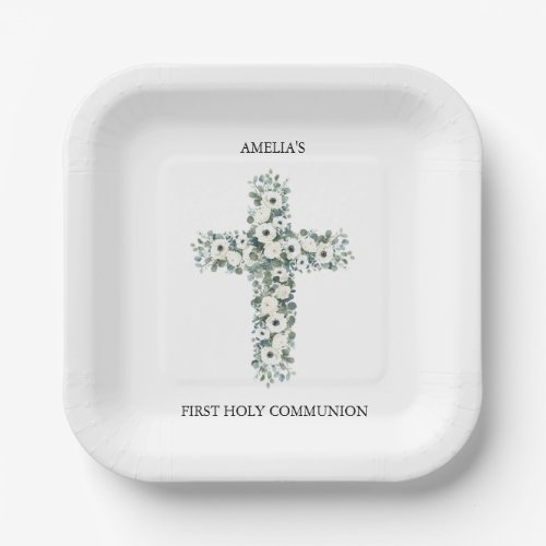 Anemones and Eucalyptus cross First Holy Communion Paper Plates