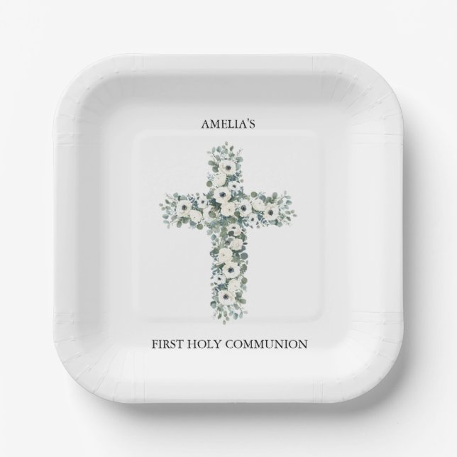 Anemones and Eucalyptus cross First Holy Communion Paper Plates (Front)