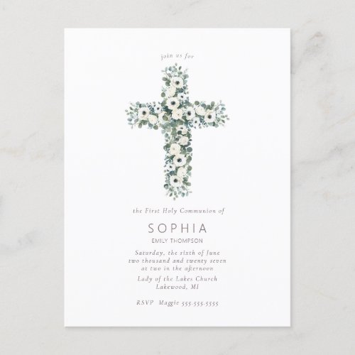 Anemones and Eucalyptus cross First Holy Communion Postcard