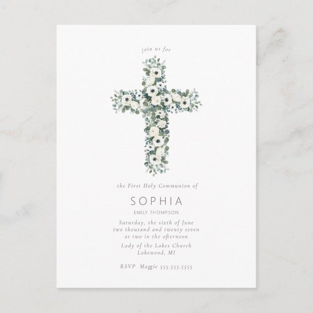 Anemones and Eucalyptus cross First Holy Communion Postcard (Front)