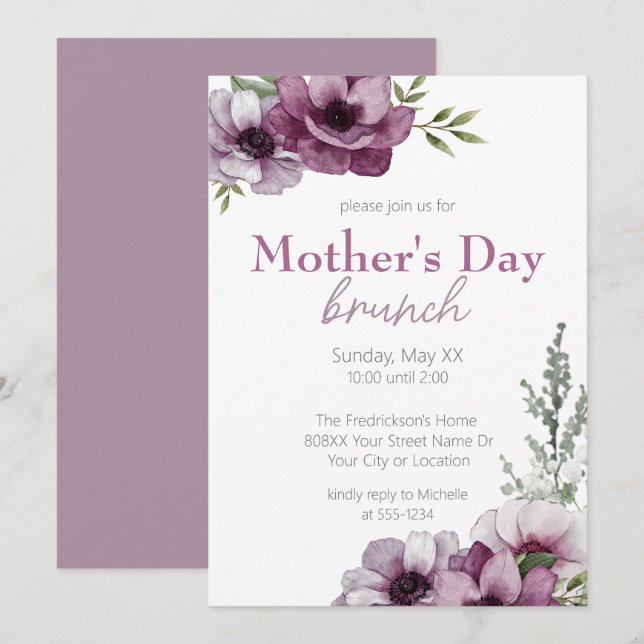 Anemones & Baby's Breath Mother's Day Brunch Invitation (Front/Back)
