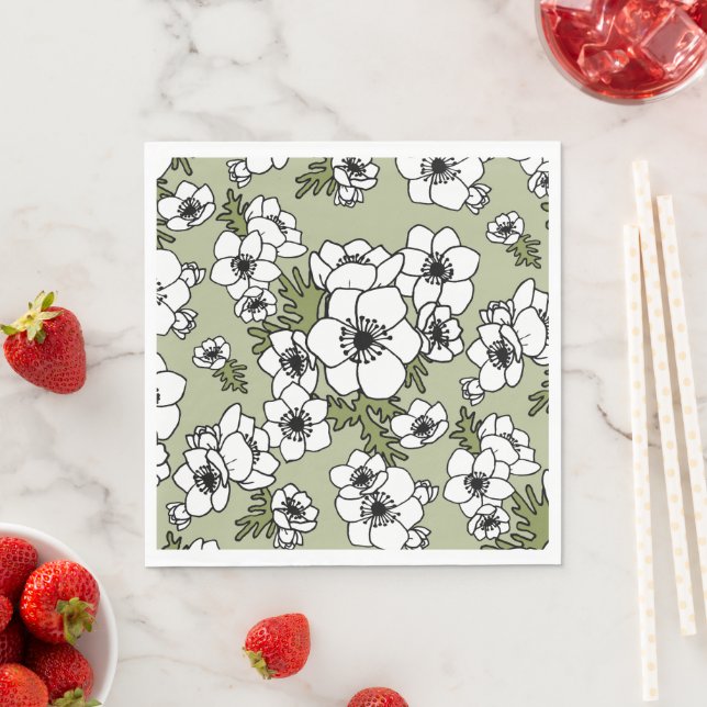 Anemones Black and White Floral Napkins (Insitu)
