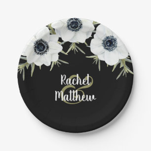 Anemones Black and White Floral Wedding Paper Plates