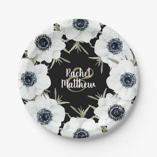 Anemones Floral Wedding Black and White Paper Plates