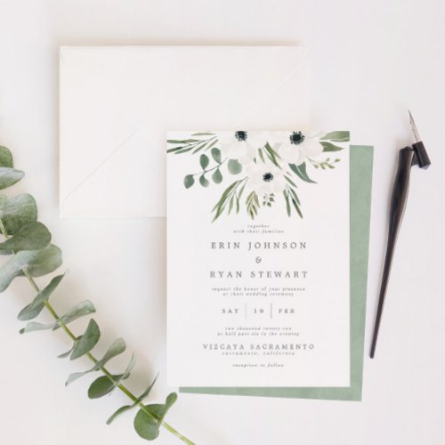 Anemones Sage  Dusty Green Eucalyptus Wedding Invitation