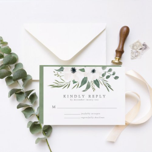 Anemones Sage  Dusty Green Eucalyptus Wedding RSVP Card