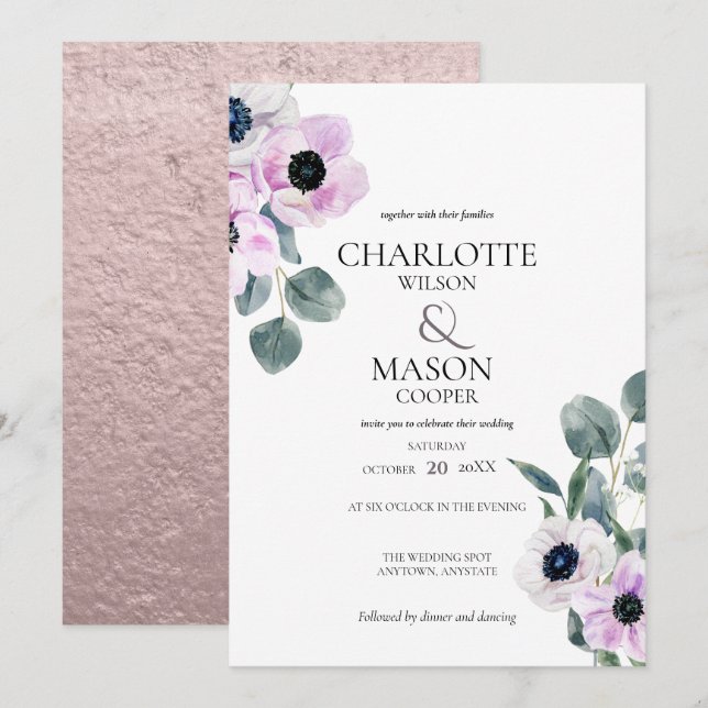 Anemones Watercolor Flowers Wedding Invitations (Front/Back)
