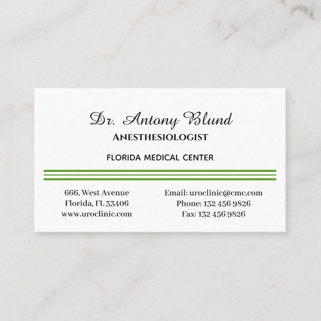 Anesthesiologist Simple Green Business Card (Front)