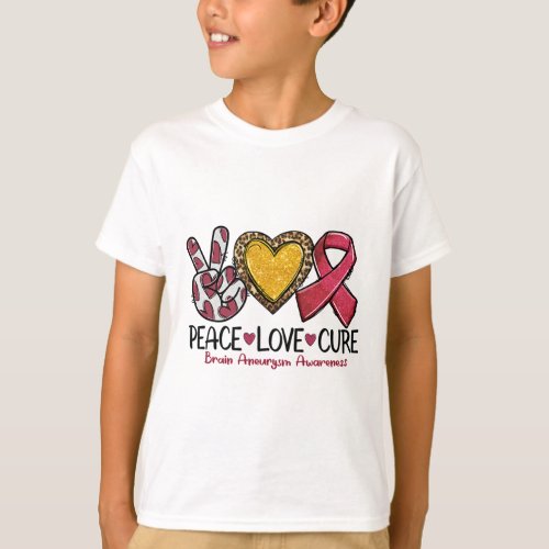 Aneurysm Awareness Peace Love Cure Burgundy Ribbon T_Shirt