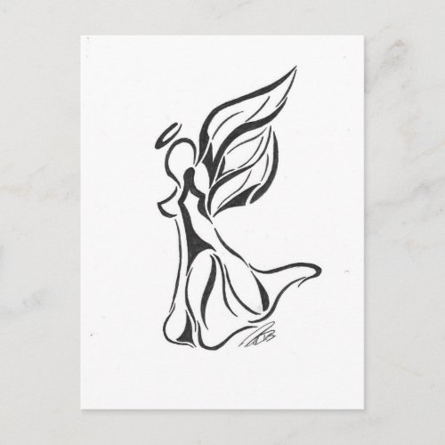 Angel Abstract Drawing Black Ink on White Back Postcard