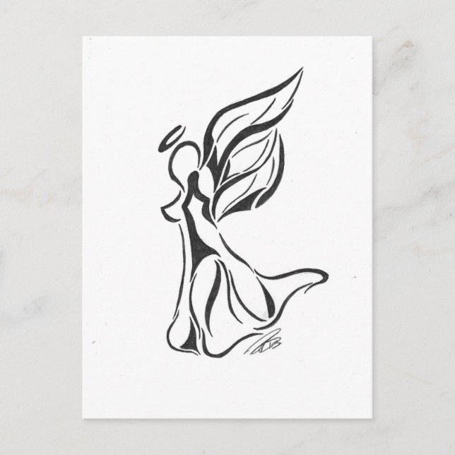 Angel Abstract Drawing Black Ink on White Back Postcard (Front)