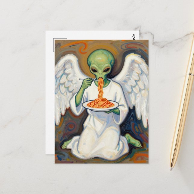 Angel Alien Eating Spaghetti Postcard (Front/Back In Situ)
