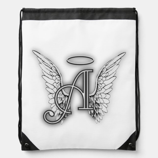 Angel Alphabet A Initial Latter Wings Halo Drawstring Bag (Front)