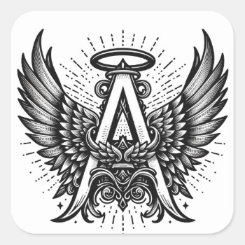 Angel Alphabet A Initial Latter Wings Halo Square Sticker by AngelAlphabet at Zazzle