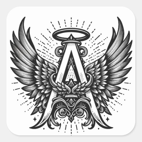 Angel Alphabet A Initial Latter Wings Halo Square Sticker