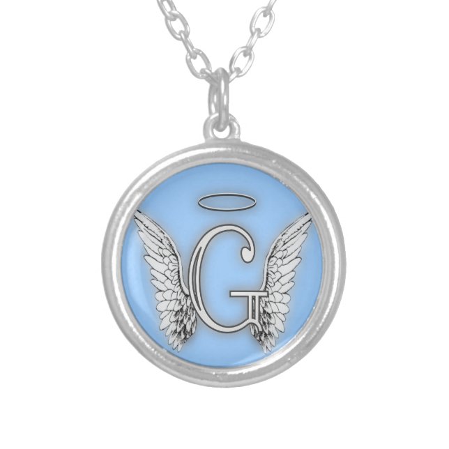 Angel Alphabet G Initial Latter Wings Halo Silver Plated Necklace (Front)