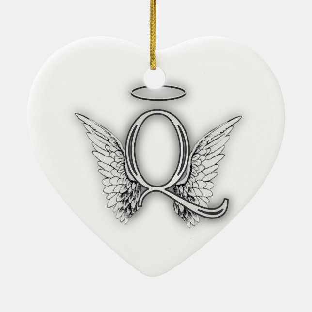 Angel Alphabet Q Initial Letter Wings Halo Ceramic Ornament (Back)