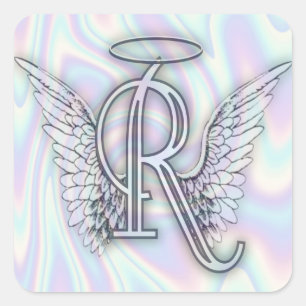 Angel Alphabet R Initial Letter Wings Halo Square Sticker