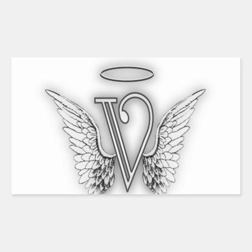 Angel Alphabet V Initial Letter Wings Halo Rectangular Sticker