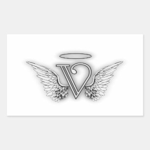 Angel Alphabet V Initial Letter Wings Halo Rectangular Sticker
