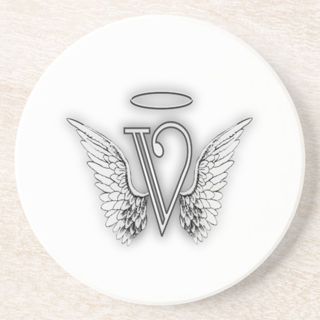 Angel Alphabet V Initial Letter Wings Halo Sandstone Coaster (Front)