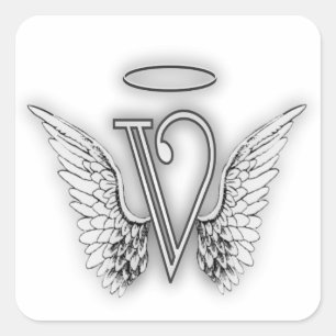Angel Alphabet V Initial Letter Wings Halo Square Sticker
