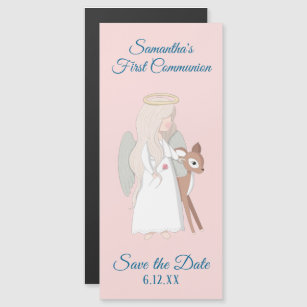 Angel and Deer First Communion Save the Date Magnetic Invitation