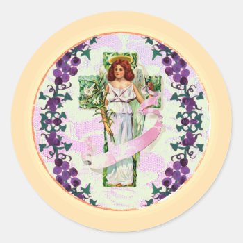 Angel And Grapevine Classic Round Sticker by justcrosses at Zazzle