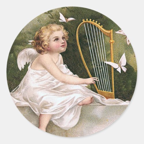 Angel and Harp Vintage Illustration Classic Round Sticker