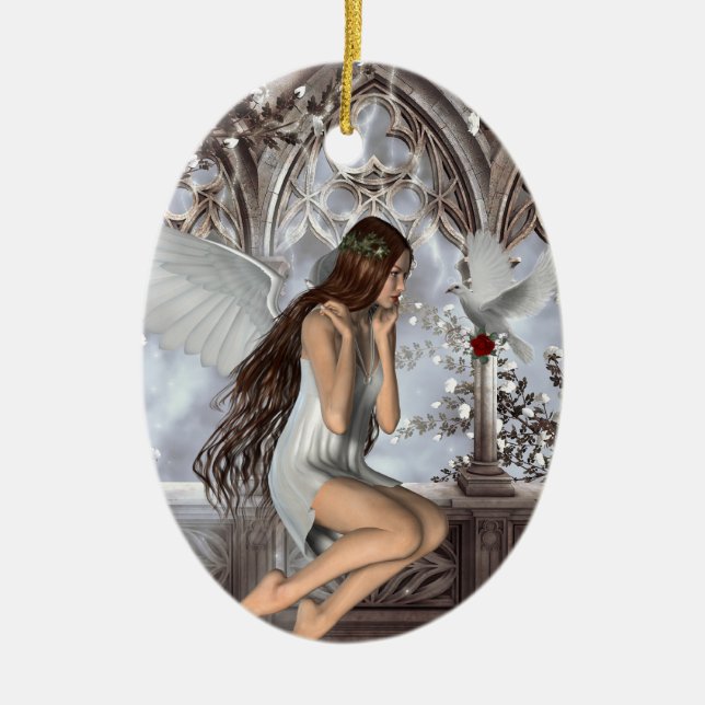 Angel and Her Dove Ceramic Ornament (Front)
