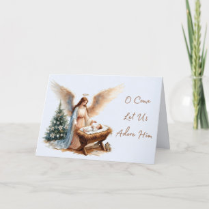 Angel and Manger Adore Him Christmas Card