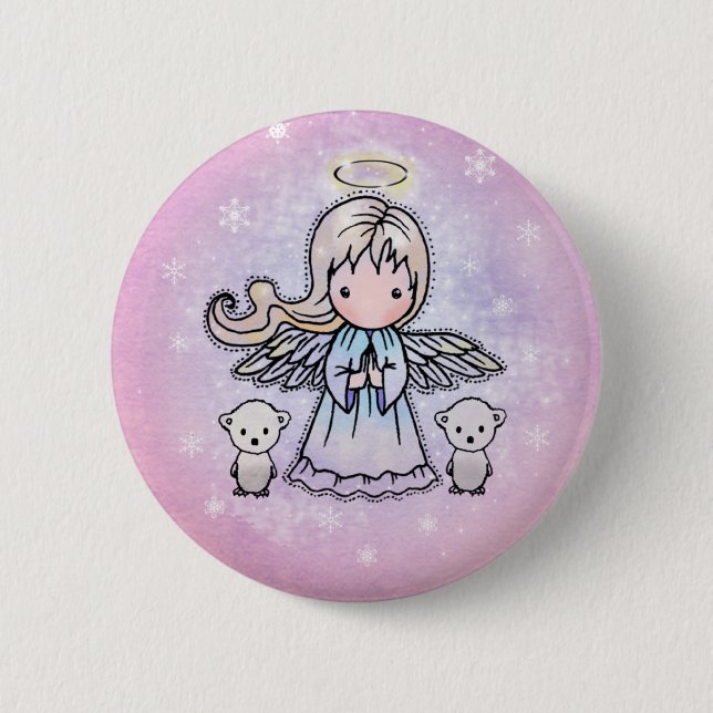 Angel and Polar Bears Holiday Pin Button (Front)