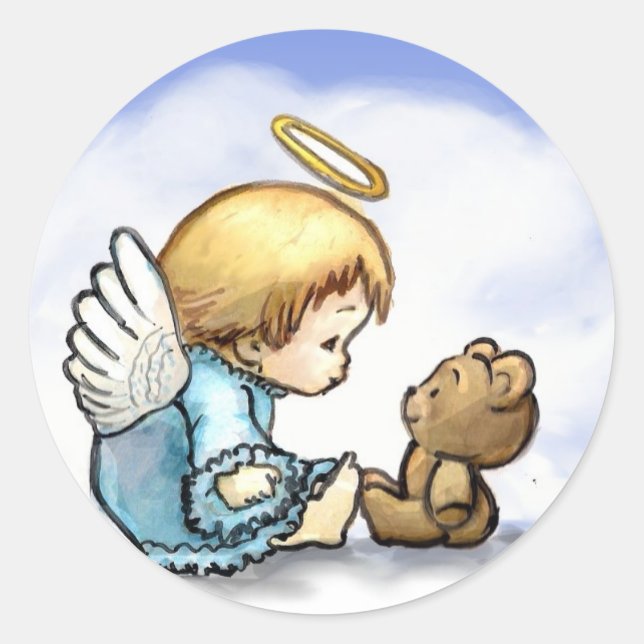 Angel baby and teddy bear classic round sticker (Front)