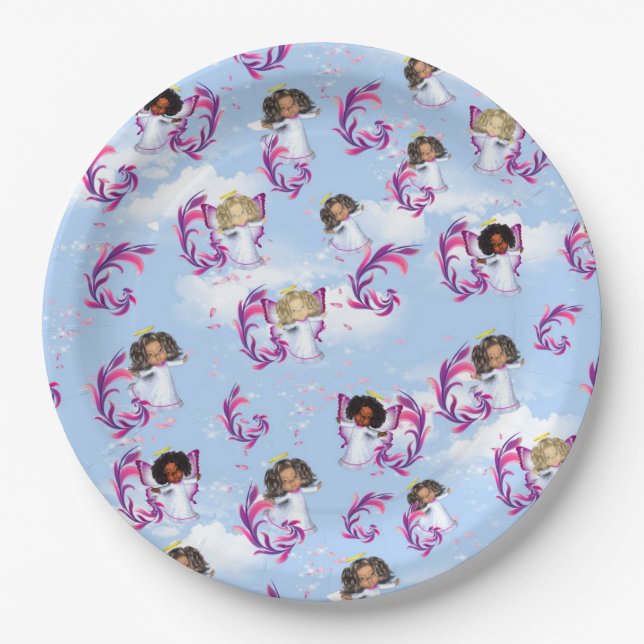 Angel Baby Girls Flying Among Clouds Paper Plates (Front)