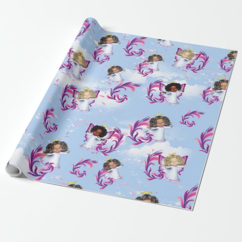 Angel Baby Girls Flying Among Clouds Wrapping Paper