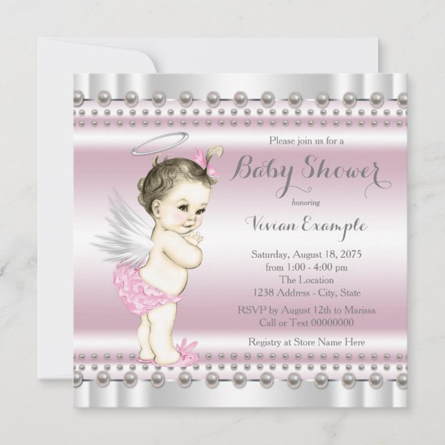 Angel Baby Shower Pink and Gray Invitation (Front)