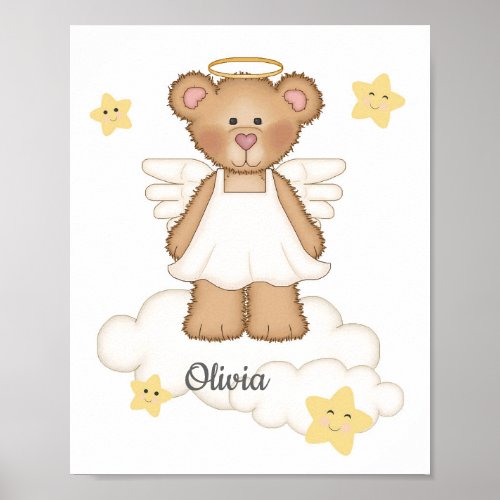 Angel Bear Baby Girl Star Cloud Nursery Art Poster