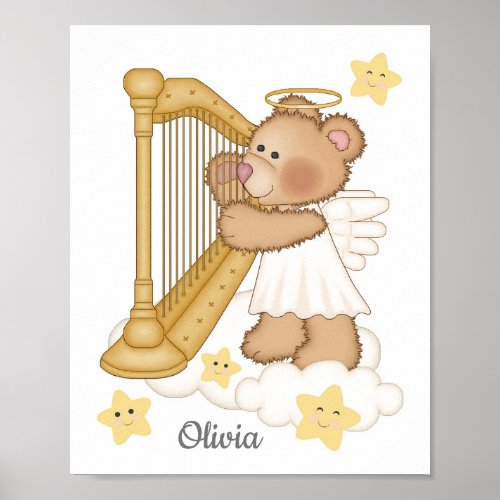 Angel Bear Baby Girl Star Harp Nursery Wall Art 