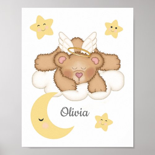 Angel Bear Baby Girl Star Moon Nursery Wall Art 