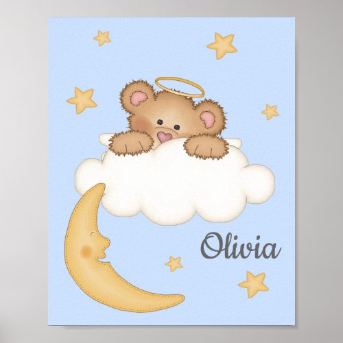 Angel Bear Moon Stars Clouds Baby Girl Nursery Art Poster