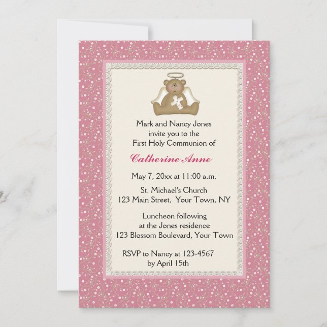Angel Bear, Pink White Daisy Religious Invitation (Front)